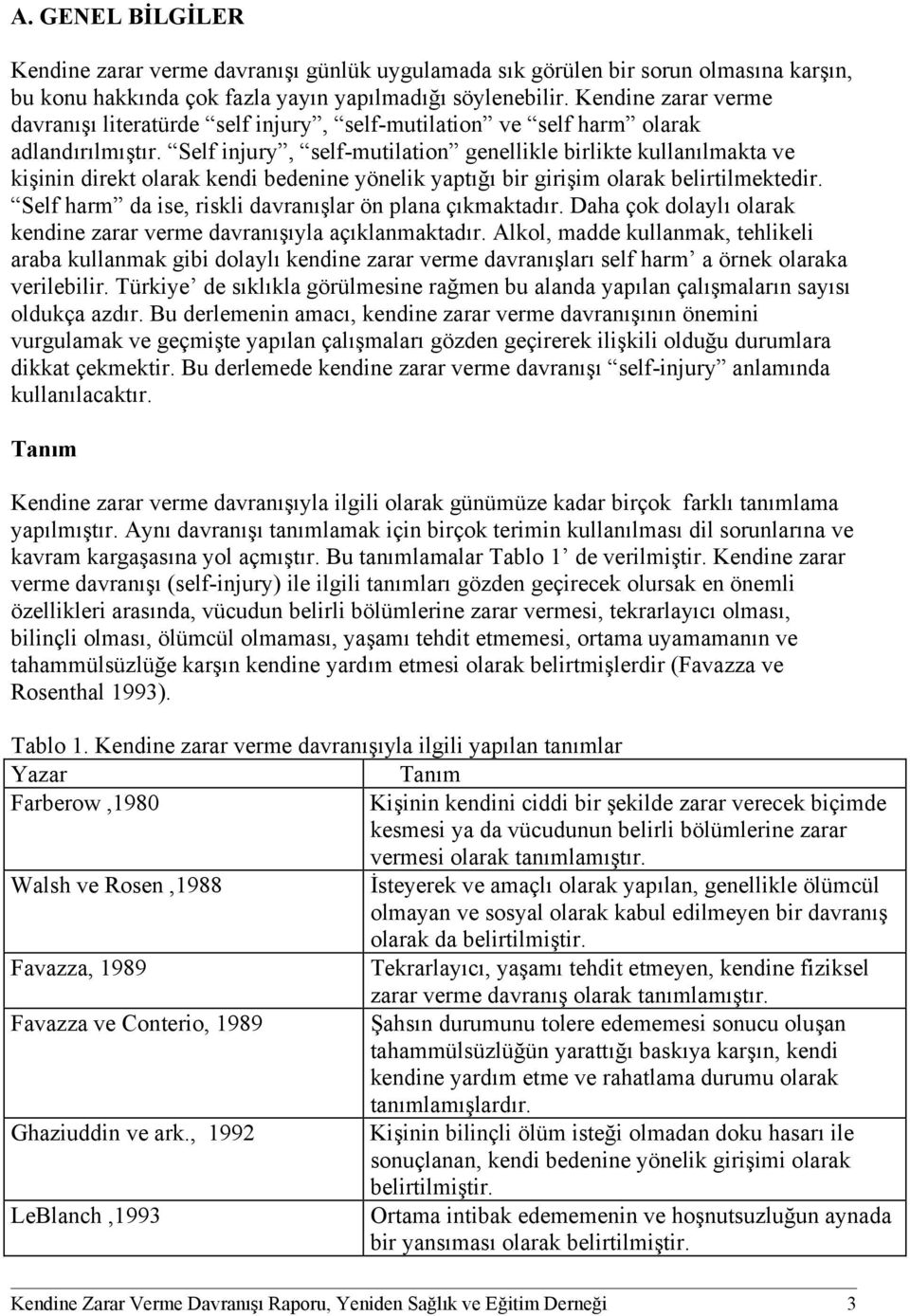 Self injury, self-mutilation genellikle birlikte kullanılmakta ve kişinin direkt olarak kendi bedenine yönelik yaptığı bir girişim olarak belirtilmektedir.