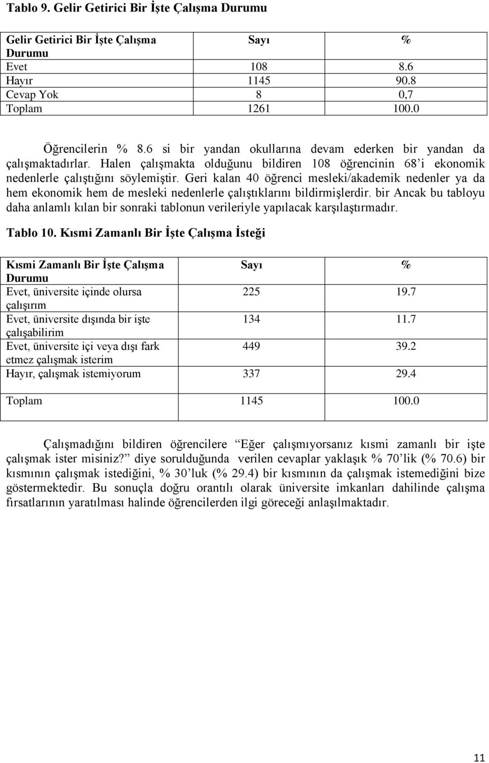 Geri kalan 40 öğrenci mesleki/akademik nedenler ya da hem ekonomik hem de mesleki nedenlerle çalıştıklarını bildirmişlerdir.