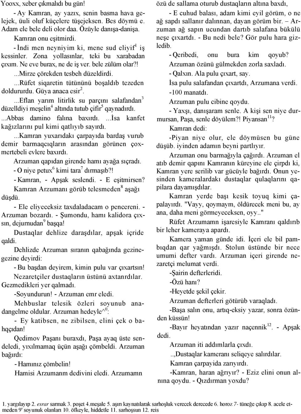 ...rüfet siqaretin tütününü boşaldıb tezeden doldururdu. Güya anaca esir 2....Eflan yarım litirlik su parçını salafandan 3 düzelldiyi meşelin 4 altında tutub çifir 5 qaynadırdı.