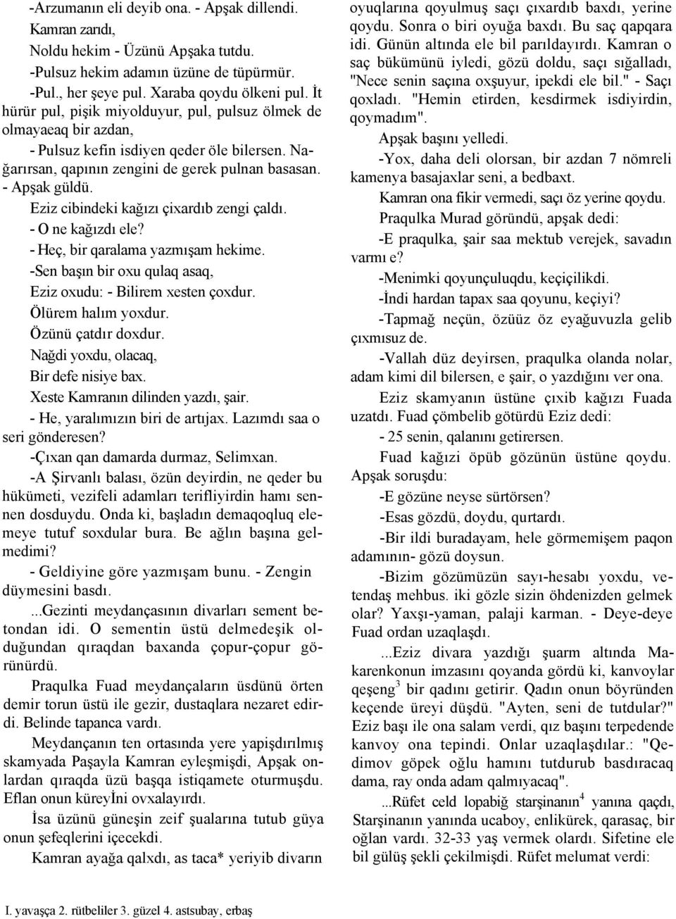 Eziz cibindeki kağızı çixardıb zengi çaldı. - O ne kağızdı ele? - Heç, bir qaralama yazmışam hekime. -Sen başın bir oxu qulaq asaq, Eziz oxudu: - Bilirem xesten çoxdur. Ölürem halım yoxdur.