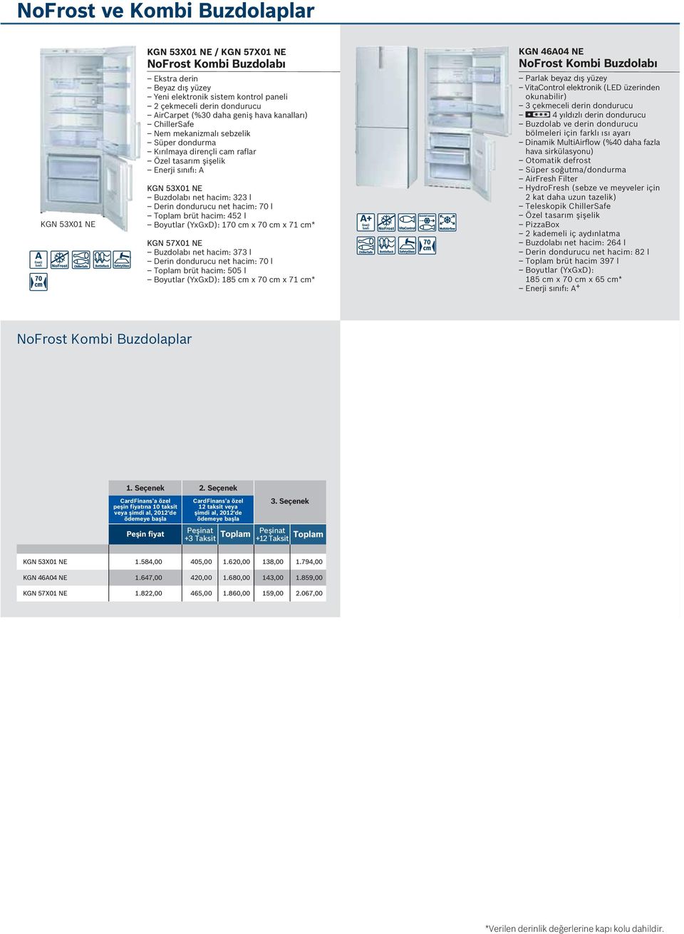 dondurucu net hacim: 70 l brüt hacim: 452 l Boyutlar (YxGxD): 170 cm x 70 cm x 71 cm* KGN 57X01 NE Buzdolabı net hacim: 373 l Derin dondurucu net hacim: 70 l brüt hacim: 505 l Boyutlar (YxGxD): 185