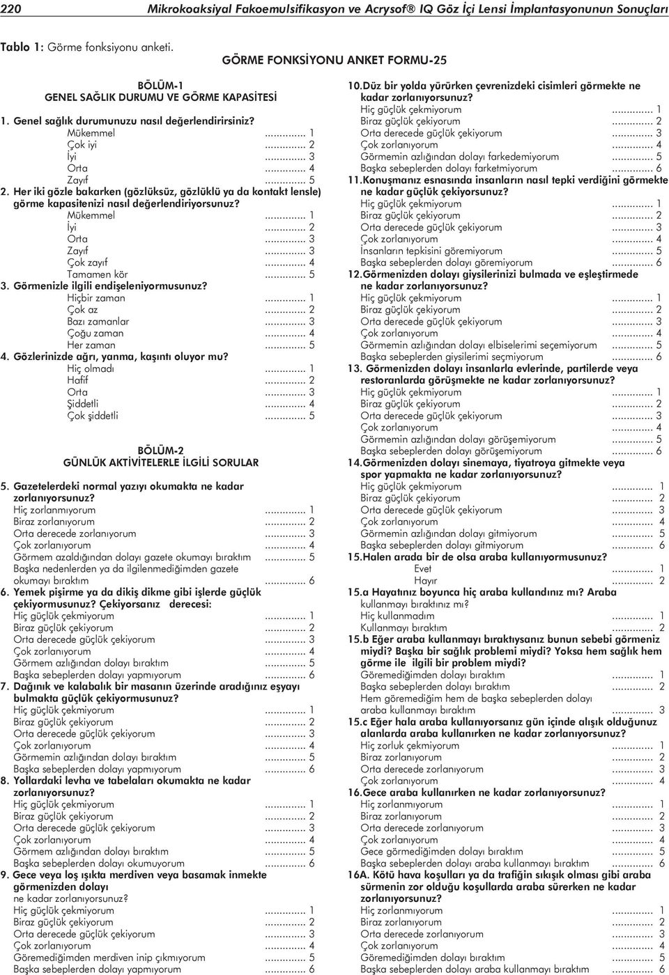 Her iki gözle bakarken (gözlüksüz, gözlüklü ya da kontakt lensle) görme kapasitenizi nasıl değerlendiriyorsunuz? Mükemmel... 1 İyi... 2 Orta... 3 Zayıf... 3 Çok zayıf... 4 Tamamen kör... 5 3.