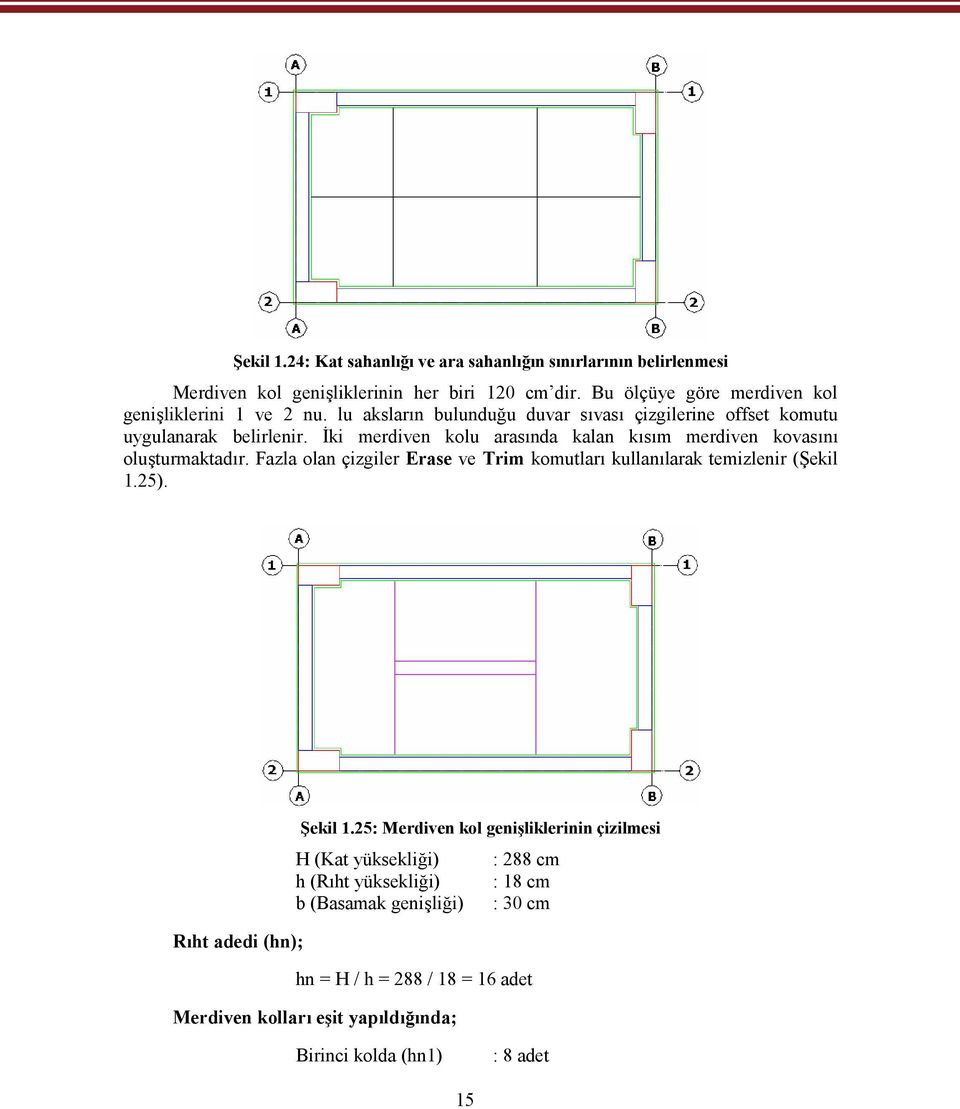 İki merdiven kolu arasında kalan kısım merdiven kovasını oluşturmaktadır. Fazla olan çizgiler Erase ve Trim komutları kullanılarak temizlenir (Şekil 1.25). Şekil 1.