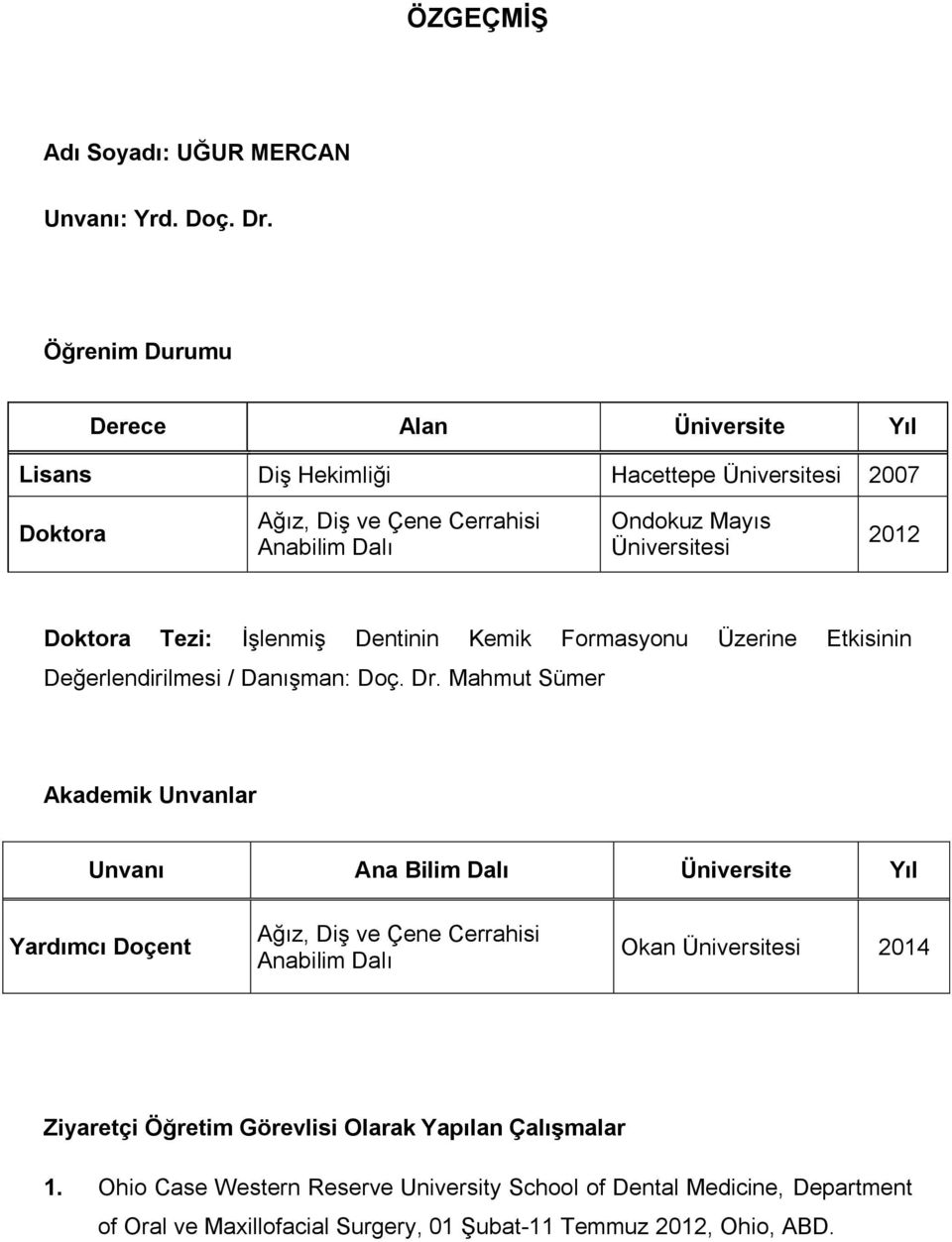 2012 Doktora Tezi: İşlenmiş Dentinin Kemik Formasyonu Üzerine Etkisinin Değerlendirilmesi / Danışman: Doç. Dr.