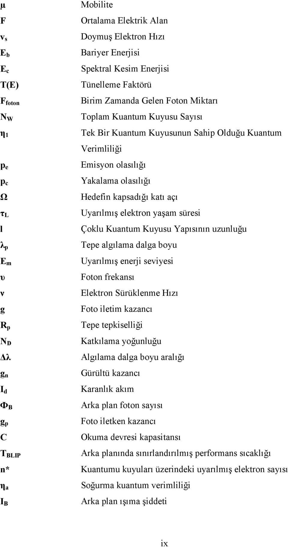 açı Uyarılmış elektron yaşam süresi Çoklu Kuantum Kuyusu Yapısının uzunluğu Tepe algılama dalga boyu Uyarılmış enerji seviyesi Foton frekansı Elektron Sürüklenme Hızı Foto iletim kazancı Tepe