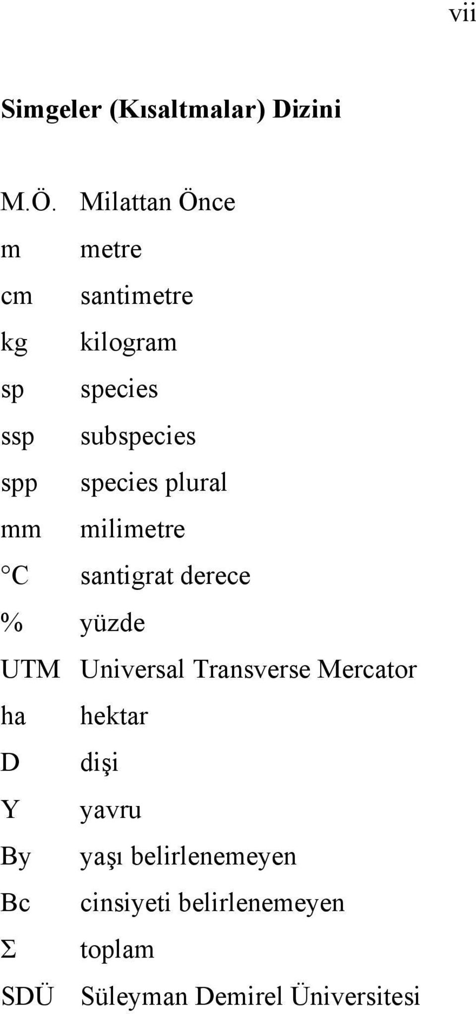 species plural mm milimetre C santigrat derece % yüzde UTM Universal Transverse