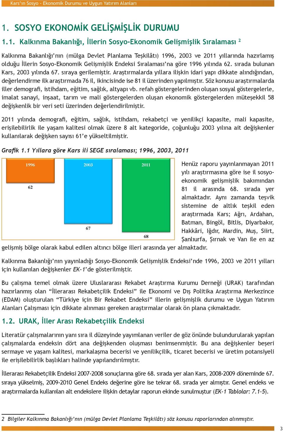 96, 2003 ve 2011 yıllarında hazırlamış 1.1. olduğu Kalkınma İllerin Bakanlığı, Sosyo-Ekonomik İllerin Sosyo-Ekonomik Gelişmişlik Sıralaması Endeksi Sıralaması na göre 1996 yılında 62.