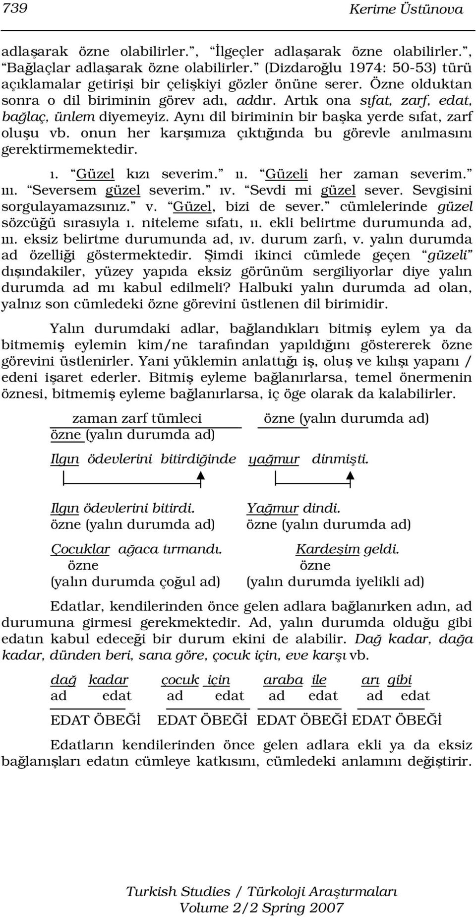 Aynı dil biriminin bir başka yerde sıfat, zarf oluşu vb. onun her karşımıza çıktığında bu görevle anılmasını gerektirmemektedir. ı. Güzel kızı severim. ıı. Güzeli her zaman severim. ııı.