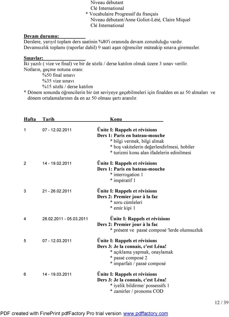 Notların, geçme notuna oranı: %50 final sınavı %35 vize sınavı %15 sözlü / derse katılım * Dönem sonunda öğrencilerin bir üst seviyeye geçebilmeleri için finalden en az 50 almaları ve dönem