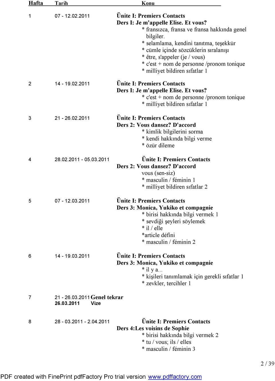 2011 Ünite I: Premiers Contacts Ders I: Je m'appelle Elise. Et vous? * c'est + nom de personne /pronom tonique * milliyet bildiren sıfatlar 1 3 21-26.02.