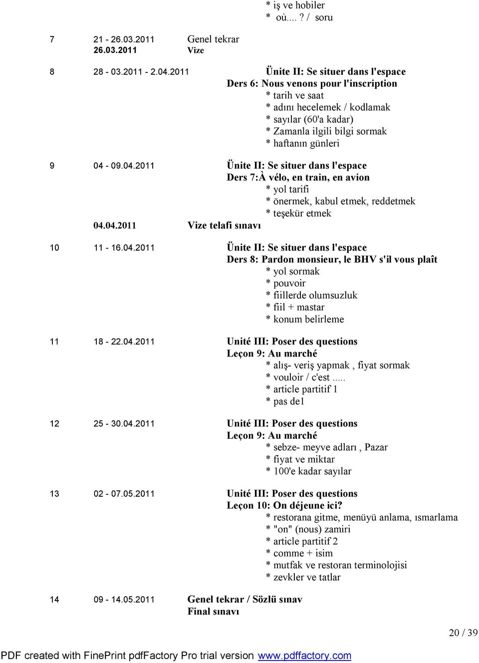 04-09.04.2011 Ünite II: Se situer dans l'espace Ders 7:À vélo, en train, en avion * yol tarifi * önermek, kabul etmek, reddetmek * teşekür etmek 04.04.2011 Vize telafi sınavı 10 11-16.04.2011 Ünite II: Se situer dans l'espace Ders 8: Pardon monsieur, le BHV s'il vous plaît * yol sormak * pouvoir * fiillerde olumsuzluk * fiil + mastar * konum belirleme 11 18-22.