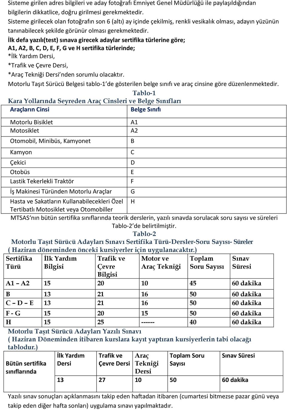 İlk defa yazılı(test) sınava girecek adaylar sertifika türlerine göre; A1, A2, B, C, D, E, F, G ve H sertifika türlerinde; *İlk Yardım Dersi, *Trafik ve Çevre Dersi, *Araç Tekniği Dersi nden sorumlu