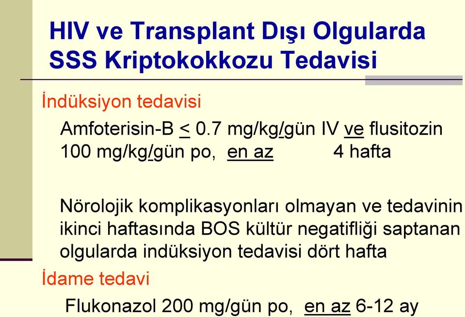 7 mg/kg/gün IV ve flusitozin 100 mg/kg/gün po, en az 4 hafta Nörolojik komplikasyonları