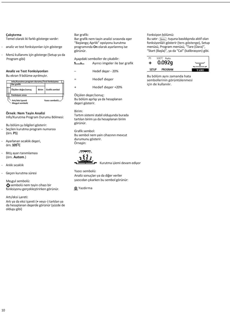 Info/Kurutma program durumu/test fonksiyonu Bar grafik Ölçülen değer/sonuç Birim Grafik sembol Fonksiyon sırası Artı/eksi işareti Meşgul sembolü Yazıcı sembolü Örnek: Nem Tayin Analizi Info/Kurutma