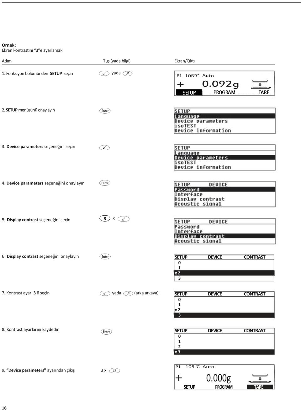 Display contrast seçeneğini seçin 5 x 6. Display contrast seçeneğini onaylayın SETUP DEVICE CONTRAST 0 1 o 2 3 7.