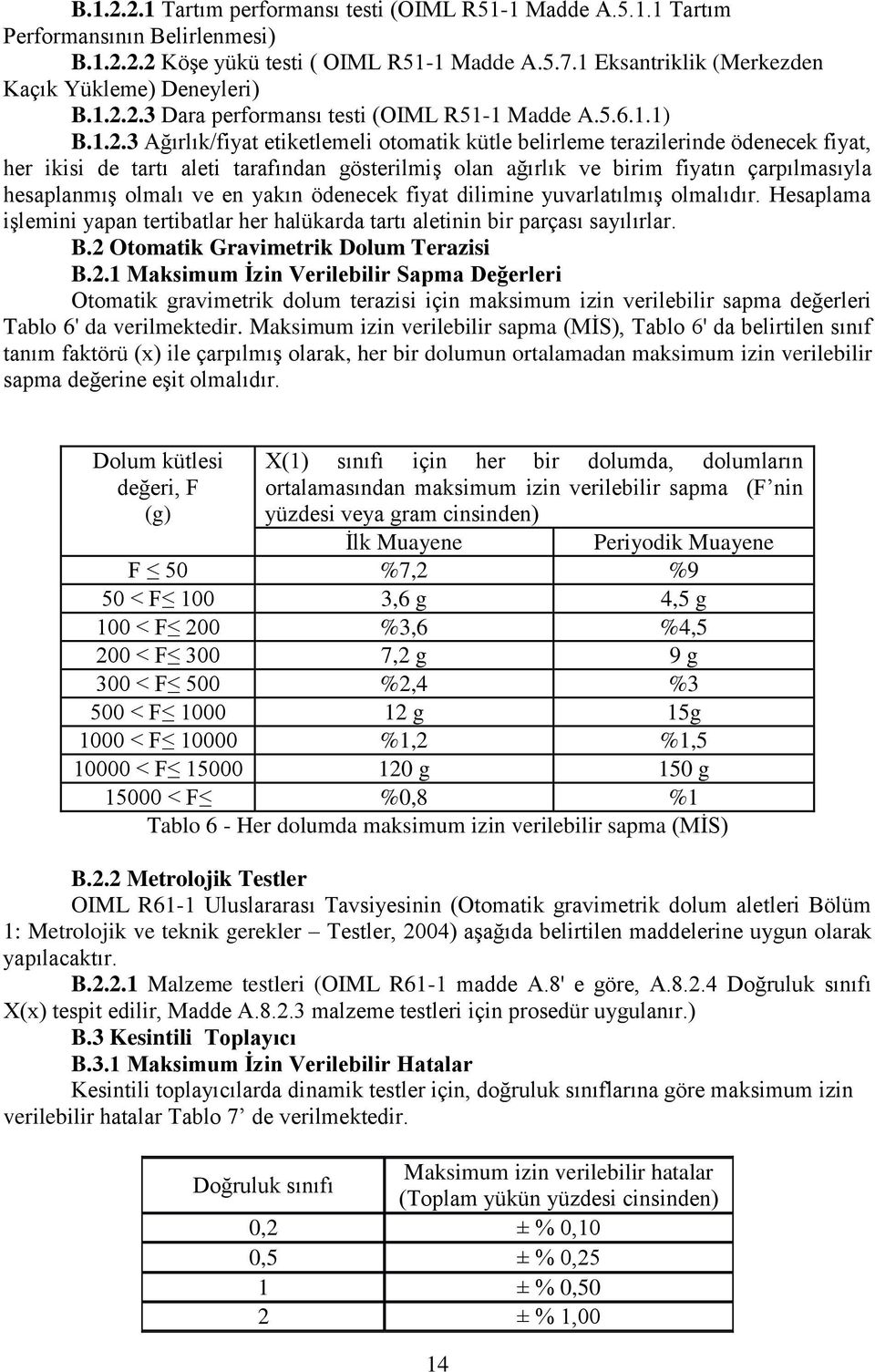 2.3 Dara performansı testi (OIML R51-1 Madde A.5.6.1.1) B.1.2.3 Ağırlık/fiyat etiketlemeli otomatik kütle belirleme terazilerinde ödenecek fiyat, her ikisi de tartı aleti tarafından gösterilmiş olan