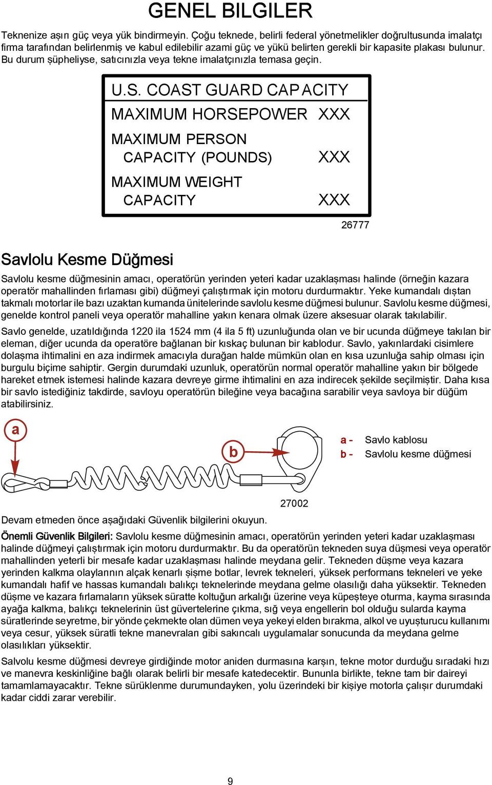 WEIGHT CAPACITY XXX XXX 26777 Savlolu Kesme Düğmesi Savlolu kesme düğmesinin amacı, operatörün yerinden yeteri kadar uzaklaşması halinde (örneğin kazara operatör mahallinden fırlaması gibi) düğmeyi