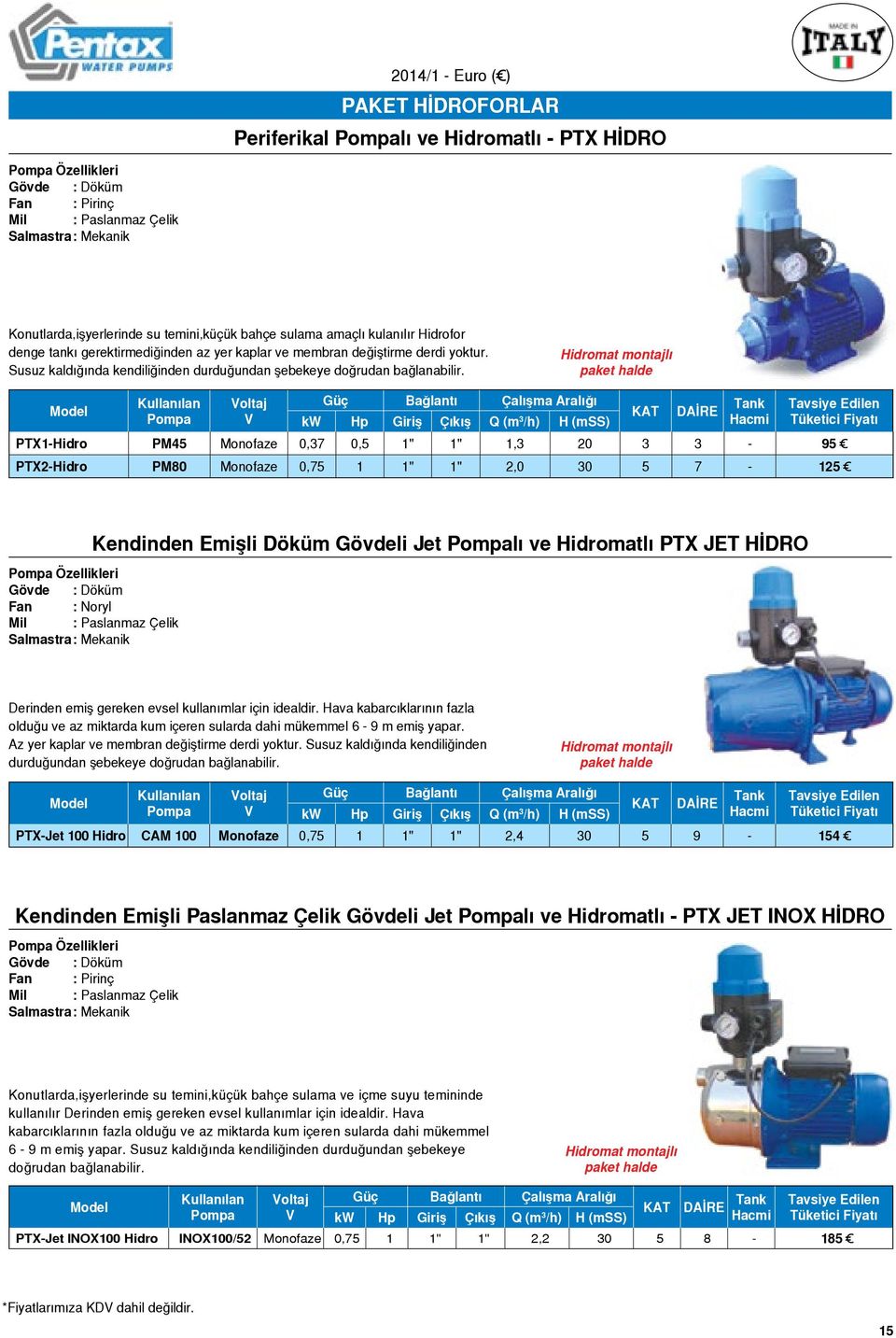 Hidromat montajlı paket halde Kullanılan Bağlantı Çalışma Aralığı KAT DAİRE Tank Pompa kw Giriş Q (m 3 /h) H Hacmi PTX1-Hidro PM45 Monofaze 0,37 0,5 1,3 20 3 3-95 PTX2-Hidro PM80 Monofaze 0,75 1 2,0