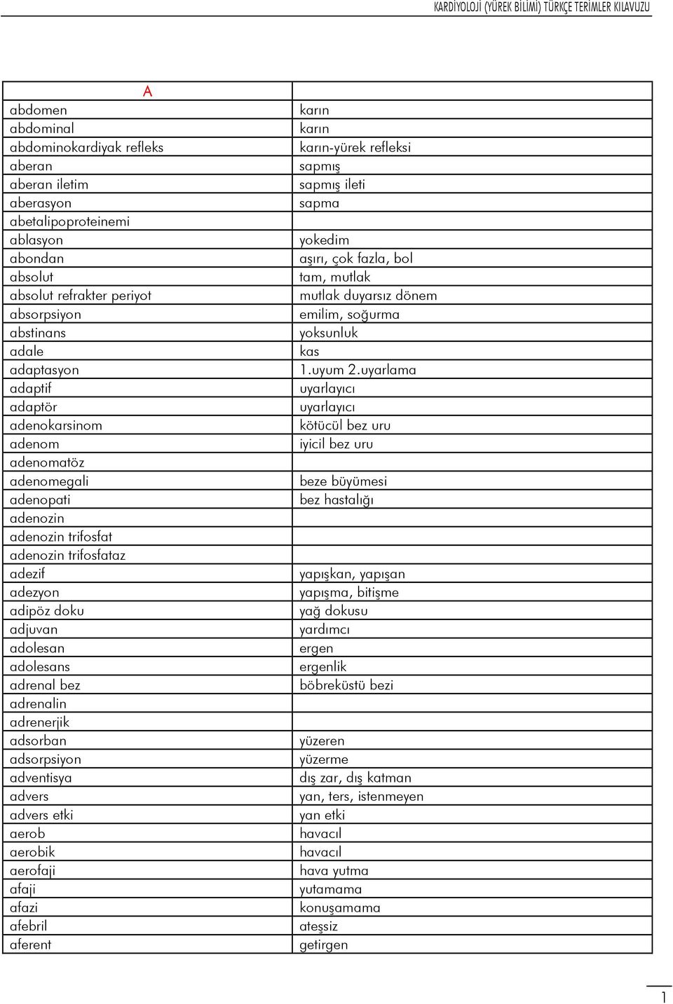 adsorban adsorpsiyon adventisya advers advers etki aerob aerobik aerofaji afaji afazi afebril aferent karın karın karın-yürek refleksi sapmış sapmış ileti sapma yokedim aşırı, çok fazla, bol tam,