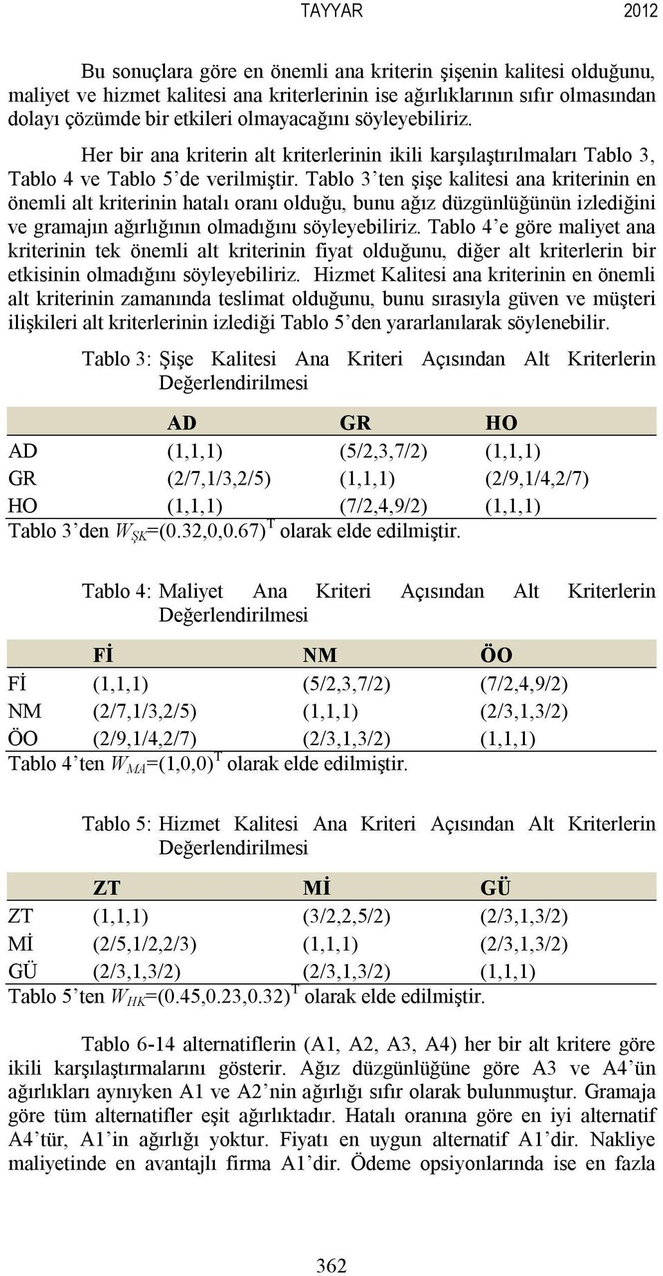 Tablo 3 ten şişe kalitesi ana kriterinin en önemli alt kriterinin hatalı oranı olduğu, bunu ağız düzgünlüğünün izlediğini ve gramajın ağırlığının olmadığını söyleyebiliriz.