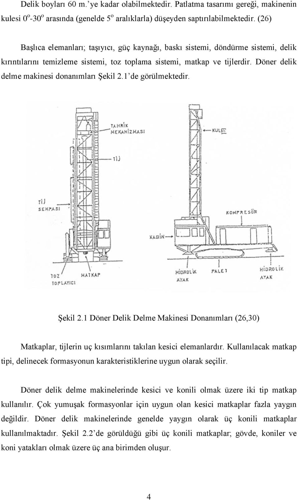 Döner delik delme makinesi donanımları Şekil 2.1 de görülmektedir. Şekil 2.1 Döner Delik Delme Makinesi Donanımları (26,30) Matkaplar, tijlerin uç kısımlarını takılan kesici elemanlardır.