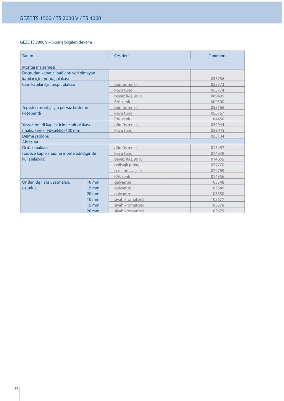 Tepeden montaj için pervaz besleme köşebendi gümüş renkli 055766 koyu tunç 055767 RAL renk 104450 gümüş renkli 059044 koyu tunç 059045 Yassı kemerli kapılar için tespit plakası (maks.