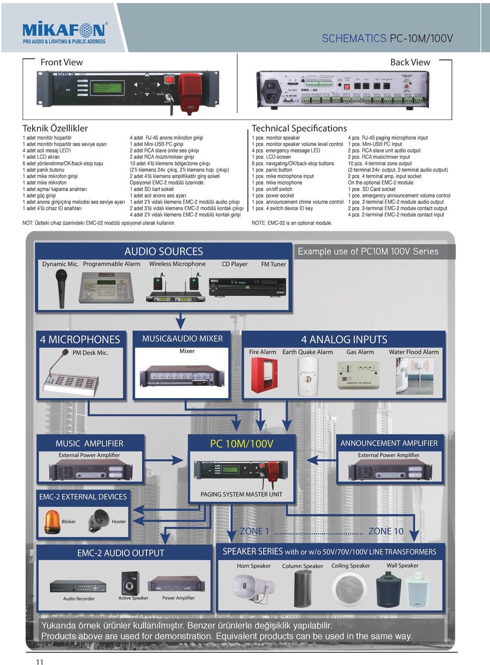 anahtarı 4 adet RJ-45 anons mikrofon girişi 1 adet Mini-USB PC girişi 2 adet RCA slave ünite ses çıkışı 2 adet RCA müzik/mikser girişi 10 adet 4 lü klemens bölge/zone çıkışı (2 li klemens 24v.