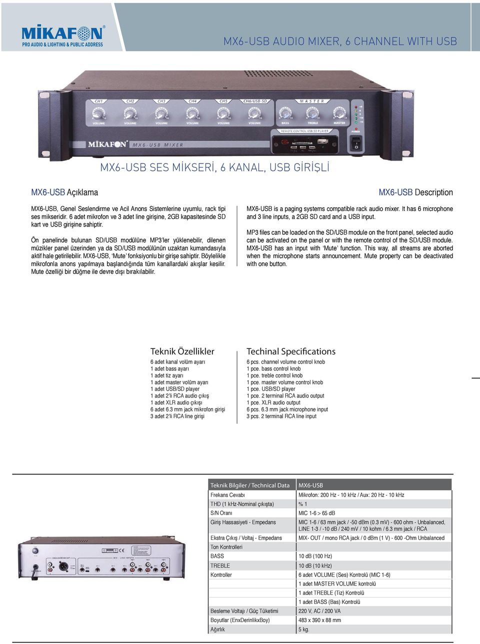 Ön panelinde bulunan SD/USB modülüne MP3 ler yüklenebilir, dilenen müzikler panel üzerinden ya da SD/USB modülünün uzaktan kumandasıyla aktif hale getirilebilir.