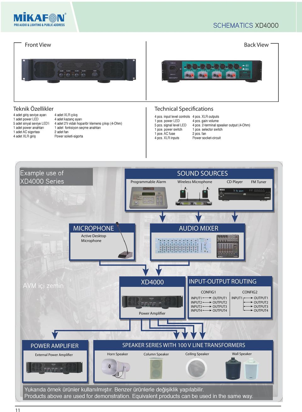 power LED 5 pcs. signal level LED 1 pce. power switch 1 pce. AC fuse 4 pcs. XLR inputs 4 pcs. XLR outputs 4 pcs. gain volume 4 pce. 2-terminal speaker output (4-Ohm) 1 pce. selector switch 2 pcs.