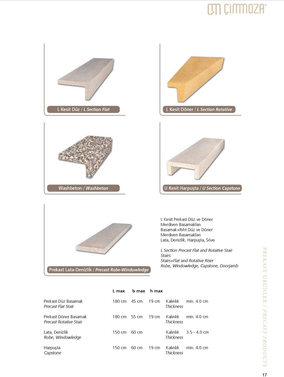 Robe, Windowledge, Capstone, Doorjamb Prekast Düz Basamak 180 cm 45 cm 19 cm Kalınlık min. 4.0 cm Precast Flat Stair Thickness Prekast Döner Basamak 180 cm 55 cm 19 cm Kalınlık min. 4.0 cm Precast Rotative Stair Thickness Lata, Denizlik 150 cm 60 cm 19 cm Kalınlık 3.