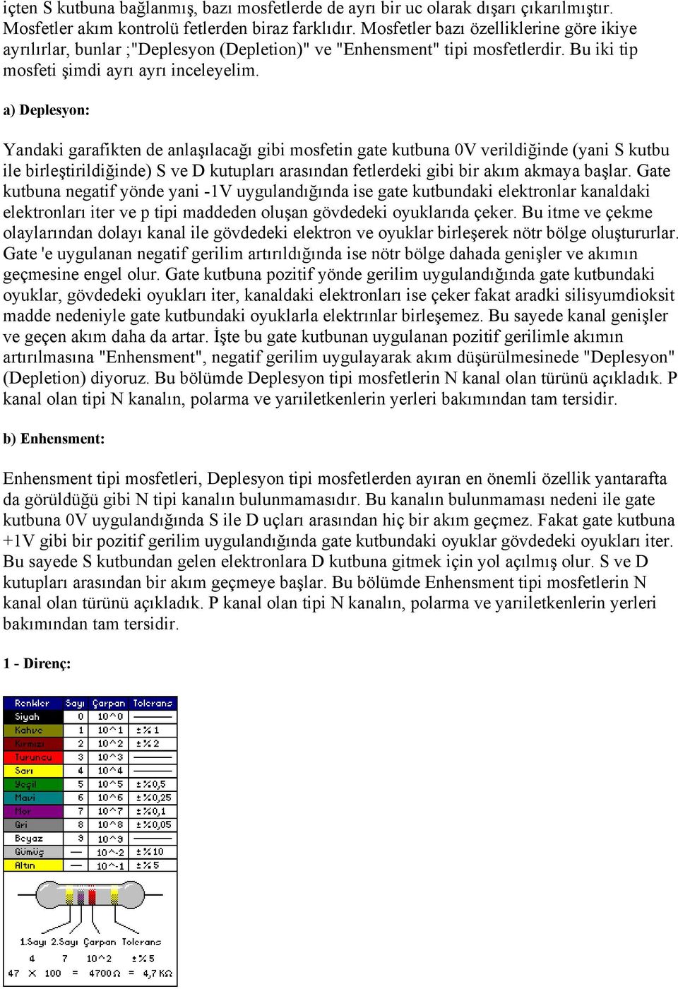 a) Deplesyon: Yandaki garafikten de anlaşılacağı gibi mosfetin gate kutbuna 0V verildiğinde (yani S kutbu ile birleştirildiğinde) S ve D kutupları arasından fetlerdeki gibi bir akım akmaya başlar.