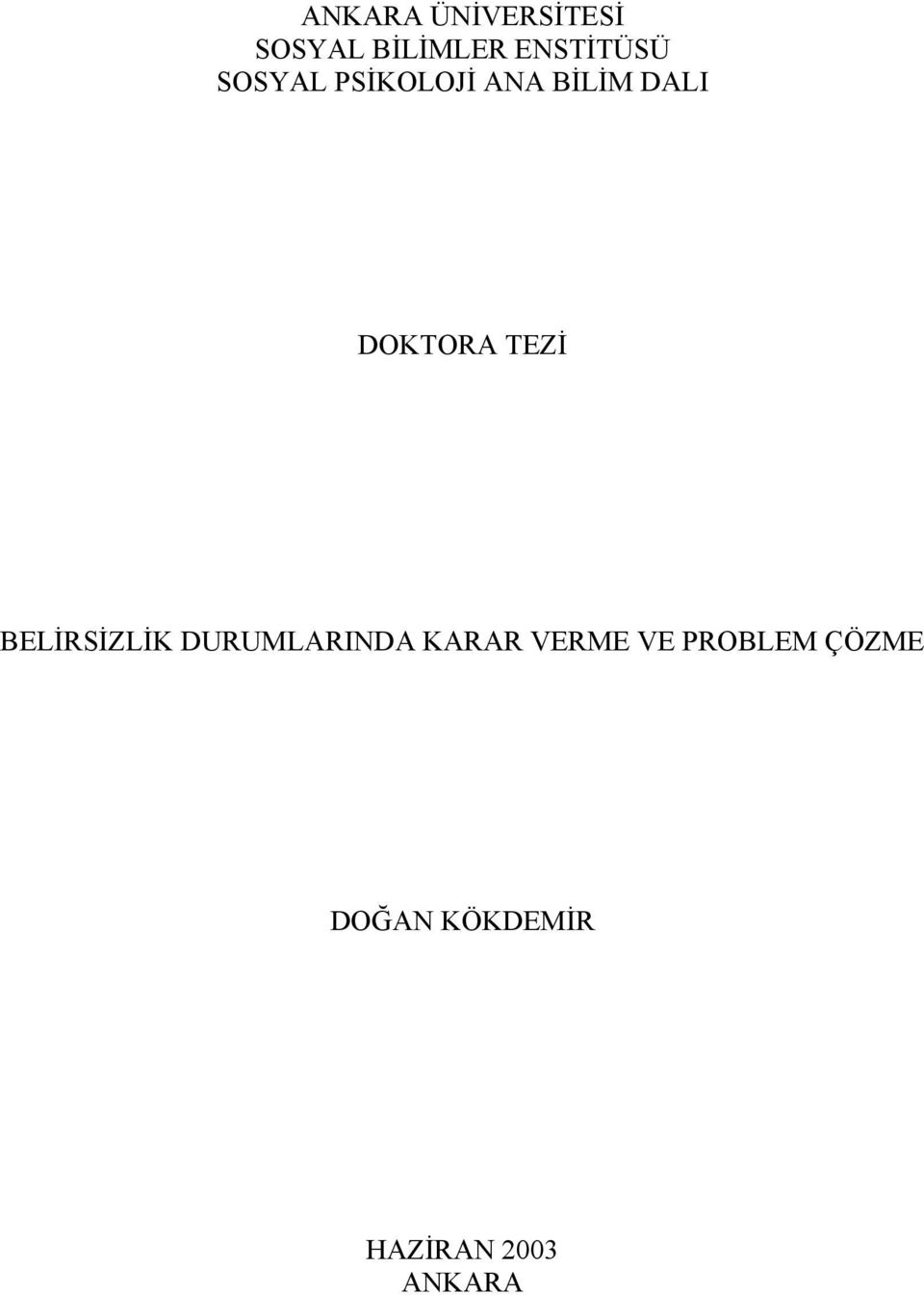 DOKTORA TEZİ BELİRSİZLİK DURUMLARINDA KARAR