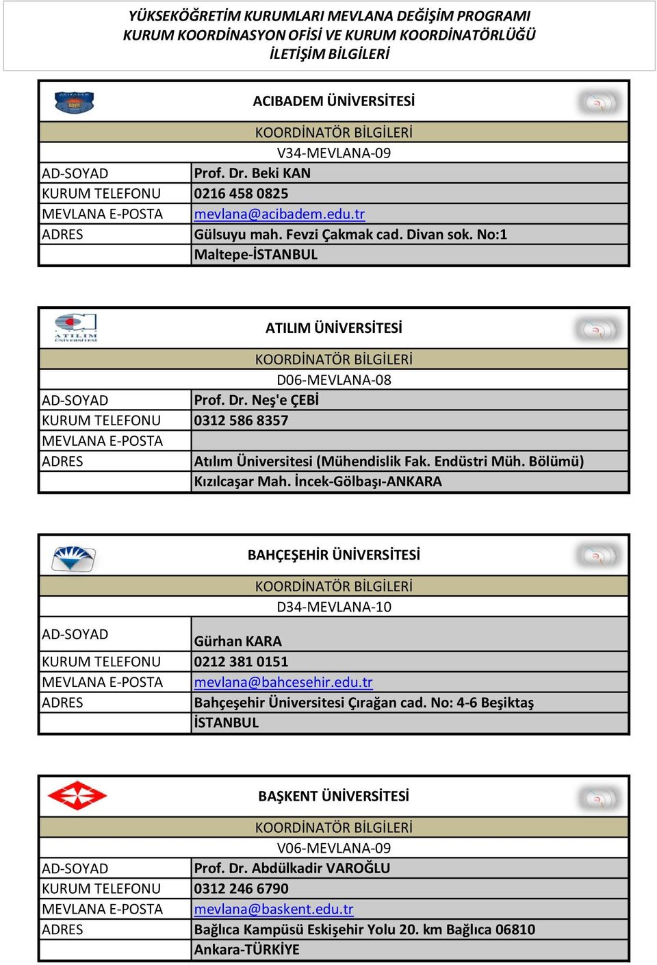 Neş'e ÇEBİ 0312 586 8357 Atılım Üniversitesi (Mühendislik Fak. Endüstri Müh. Bölümü) Kızılcaşar Mah.