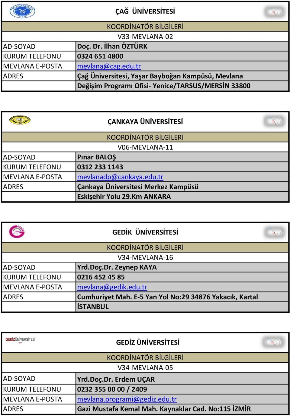 1143 mevlanadp@cankaya.edu.tr Çankaya Üniversitesi Merkez Kampüsü Eskişehir Yolu 29.Km ANKARA GEDİK ÜNİVERSİTESİ V34-MEVLANA-16 Yrd.Doç.Dr.