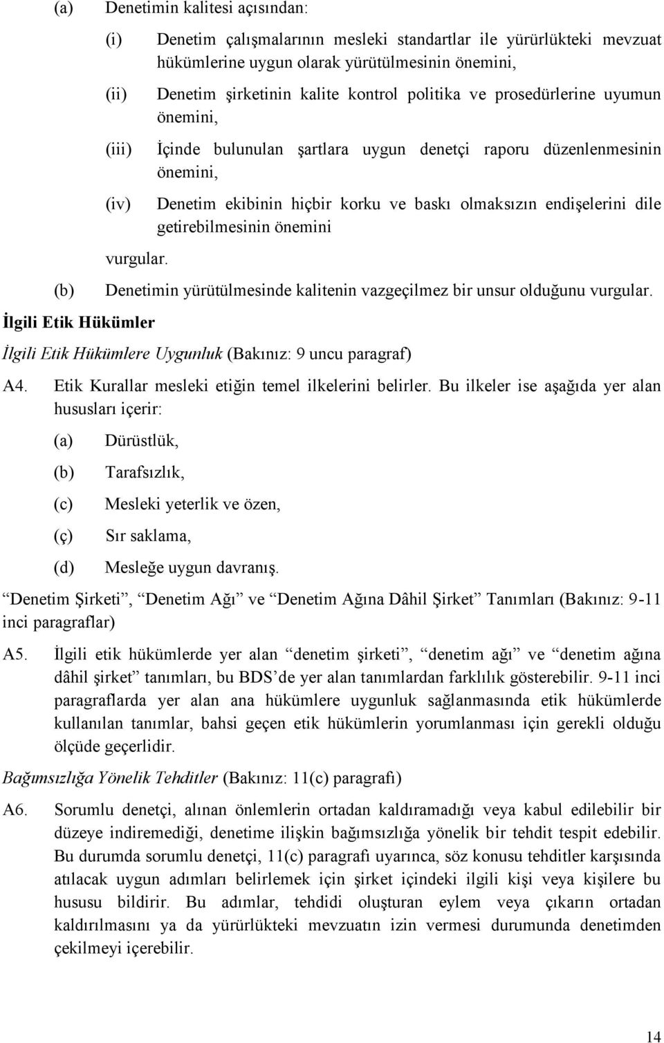 İlgili Etik Hükümler Denetim ekibinin hiçbir korku ve baskı olmaksızın endişelerini dile getirebilmesinin önemini Denetimin yürütülmesinde kalitenin vazgeçilmez bir unsur olduğunu vurgular.