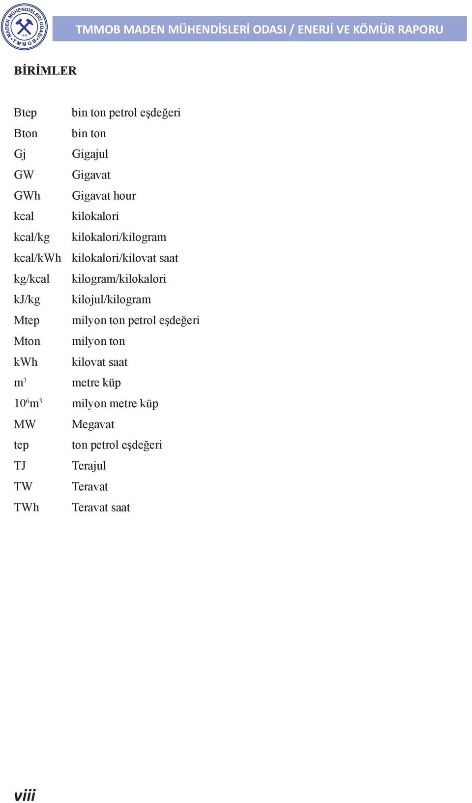 kj/kg kilojul/kilogram Mtep milyon ton petrol eşdeğeri Mton milyon ton kwh kilovat saat m 3 metre