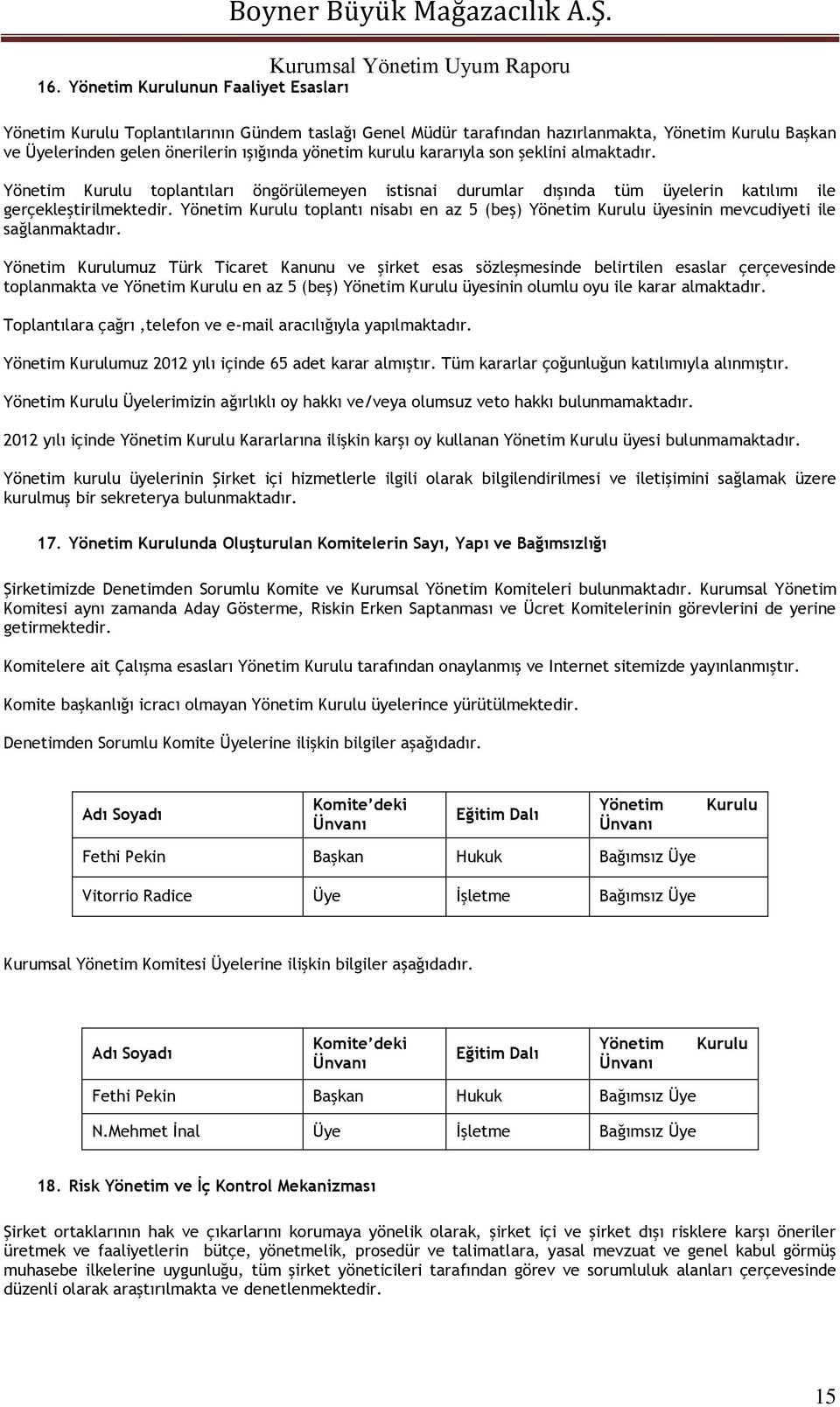 Yönetim Kurulu toplantıları öngörülemeyen istisnai durumlar dışında tüm üyelerin katılımı ile gerçekleştirilmektedir.