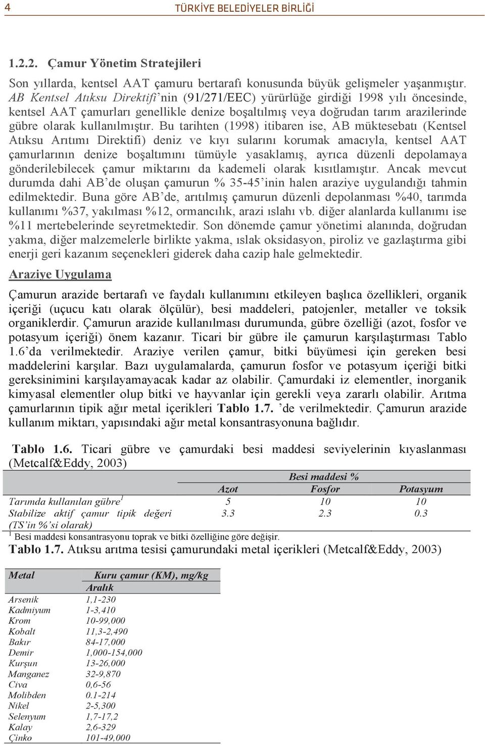 Bu tarihten (1998) itibaren ise, AB müktesebatı (Kentsel Atıksu Arıtımı Direktifi) deniz ve kıyı sularını korumak amacıyla, kentsel AAT çamurlarının denize boşaltımını tümüyle yasaklamış, ayrıca