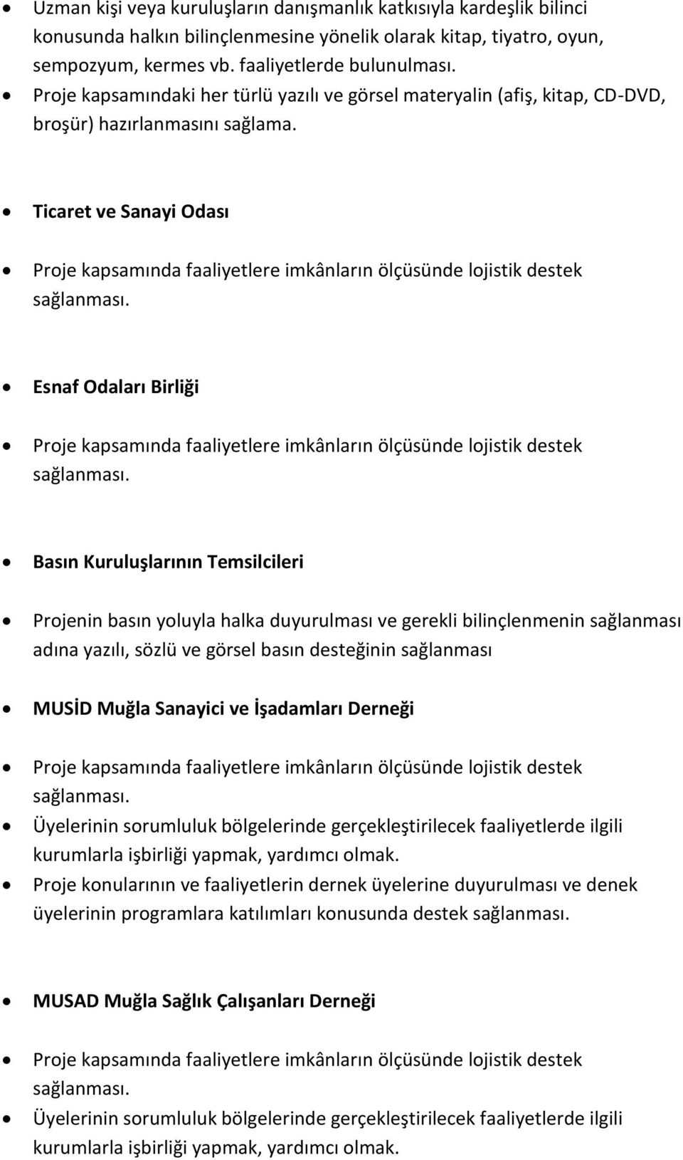 Ticaret ve Sanayi Odası Proje kapsamında faaliyetlere imkânların ölçüsünde lojistik destek sağlanması.