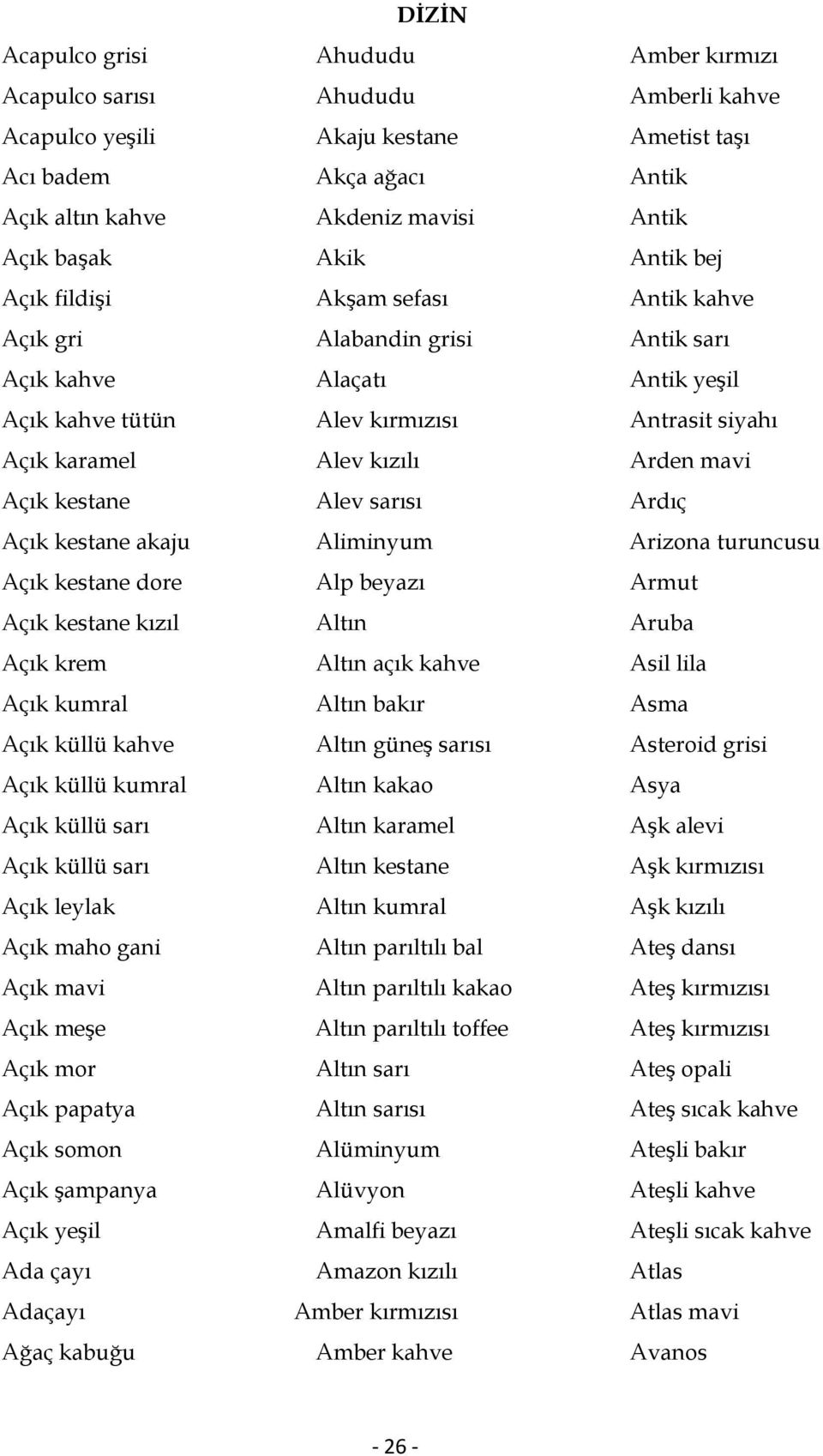 şampanya Açık yeşil Ada çayı Adaçayı Ağaç kabuğu DİZİN Ahududu Ahududu Akaju kestane Akça ağacı Akdeniz mavisi Akik Akşam sefası Alabandin grisi Alaçatı Alev kırmızısı Alev kızılı Alev sarısı