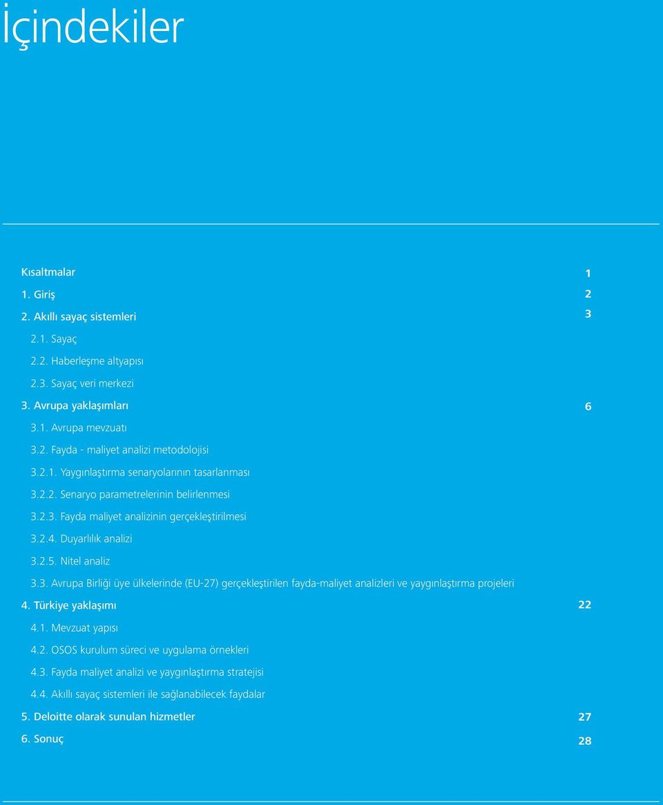 Türkiye yaklaşımı 22 4.1. Mevzuat yapısı 4.2. OSOS kurulum süreci ve uygulama örnekleri 4.3. Fayda maliyet analizi ve yaygınlaştırma stratejisi 4.4. Akıllı sayaç sistemleri ile sağlanabilecek faydalar 5.