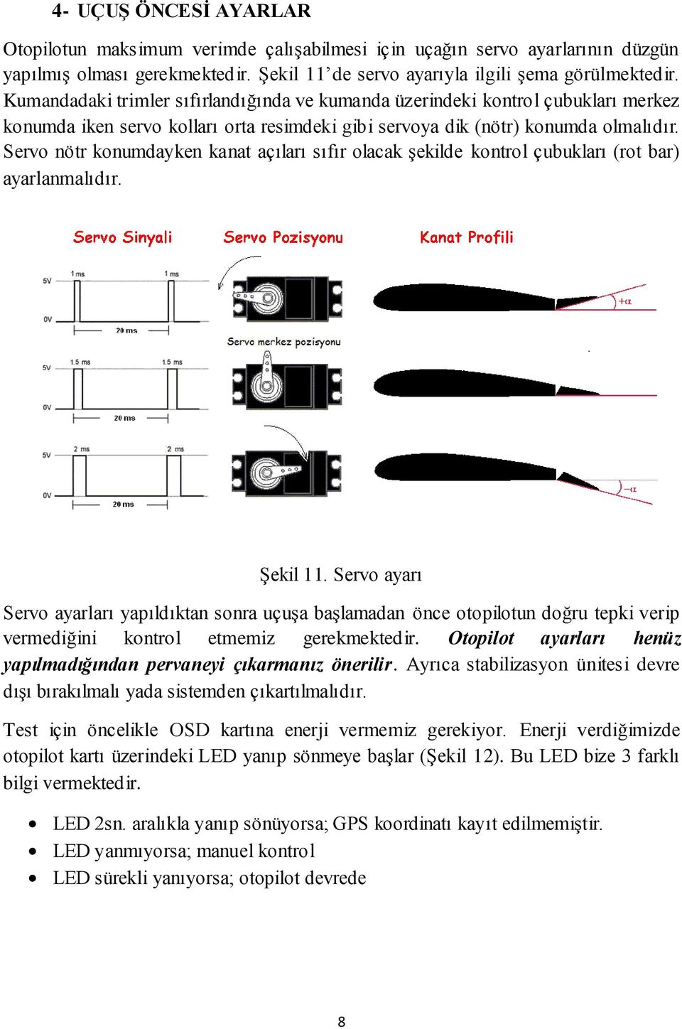 Servo nötr konumdayken kanat açıları sıfır olacak şekilde kontrol çubukları (rot bar) ayarlanmalıdır. Şekil 11.