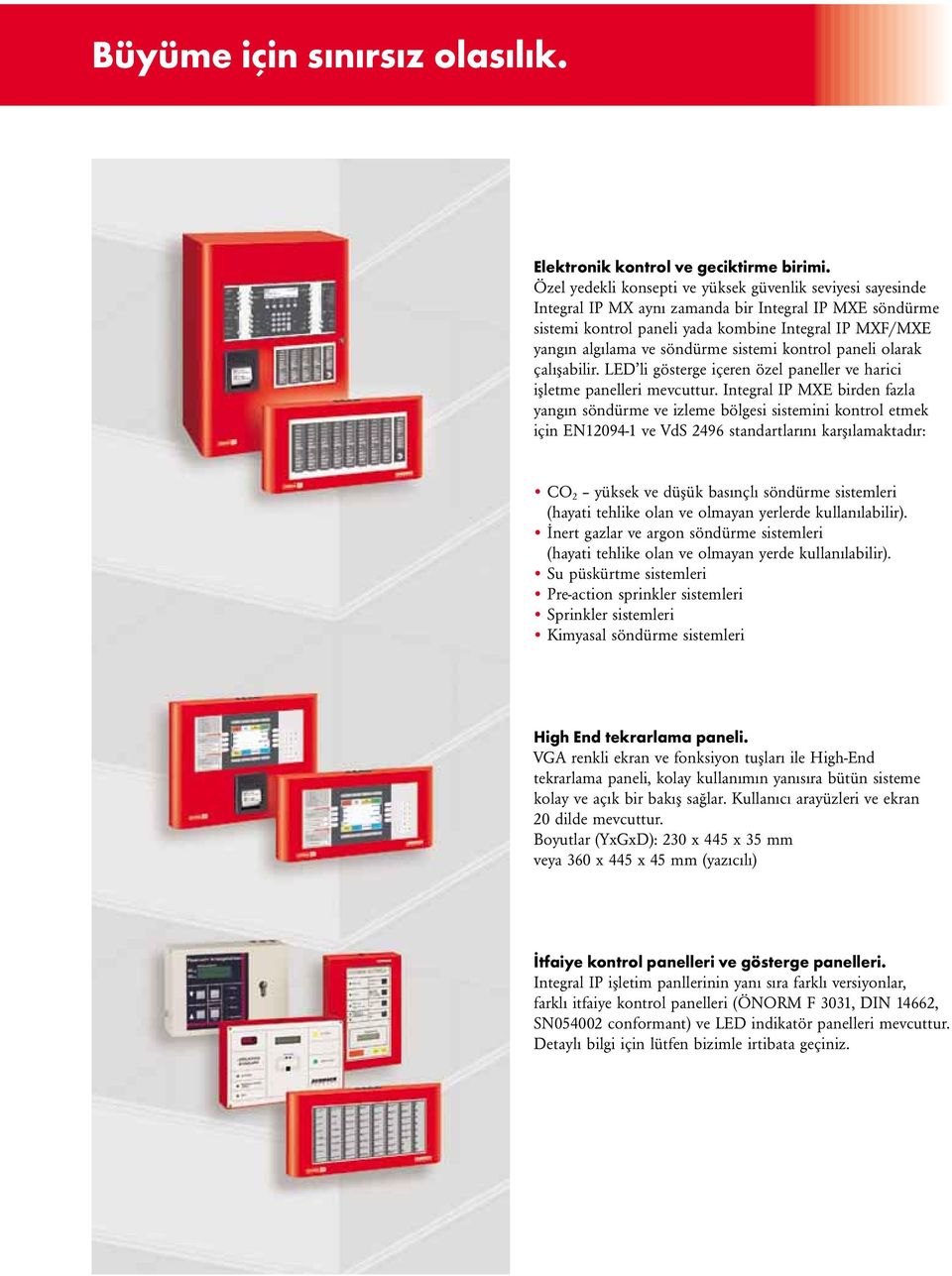 söndürme sistemi kontrol paneli olarak çalışabilir. LED li gösterge içeren özel paneller ve harici işletme panelleri mevcuttur.