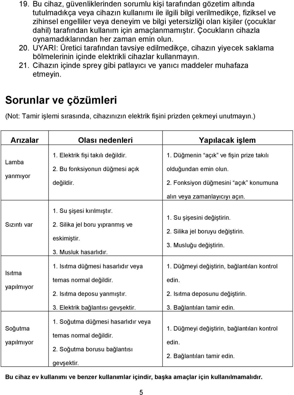 UYARI: Üretici tarafından tavsiye edilmedikçe, cihazın yiyecek saklama bölmelerinin içinde elektrikli cihazlar kullanmayın. 21. Cihazın içinde sprey gibi patlayıcı ve yanıcı maddeler muhafaza etmeyin.