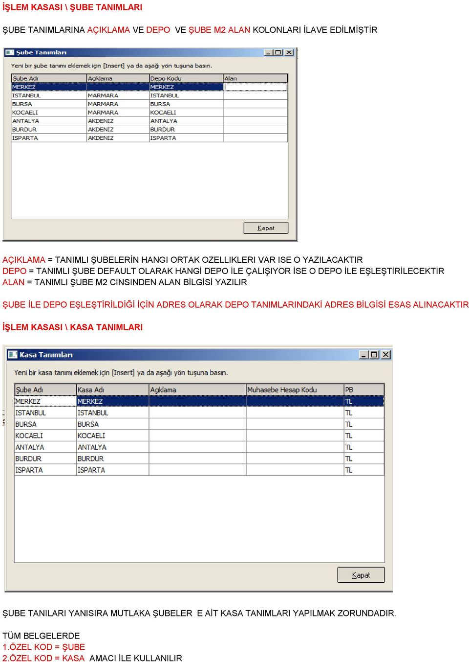 CINSINDEN ALAN BİLGİSİ YAZILIR ŞUBE İLE DEPO EŞLEŞTİRİLDİĞİ İÇİN ADRES OLARAK DEPO TANIMLARINDAKİ ADRES BİLGİSİ ESAS ALINACAKTIR İŞLEM KASASI \ KASA