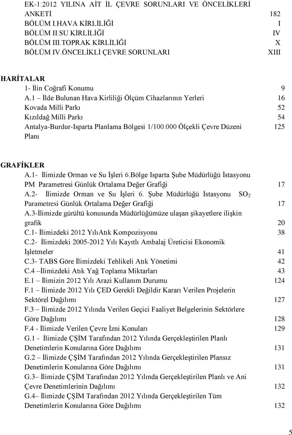 1 İlde Bulunan Hava Kirliliği Ölçüm Cihazlarının Yerleri 16 Kovada Milli Parkı 52 Kızıldağ Milli Parkı 54 Antalya-Burdur-Isparta Planlama Bölgesi 1/100.000 Ölçekli Çevre Düzeni 125 Planı GRAFİKLER A.