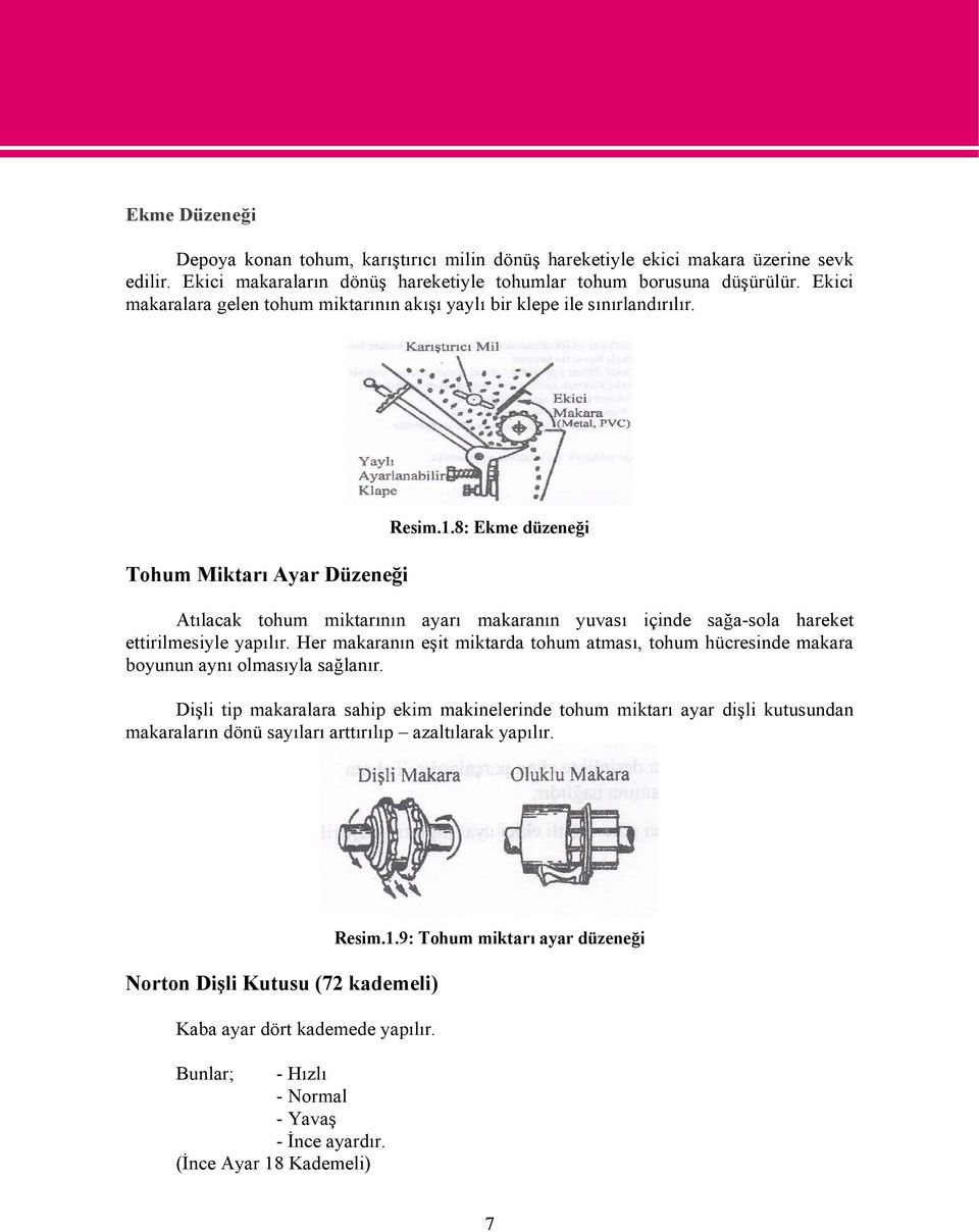 8: Ekme düzeneği Atılacak tohum miktarının ayarı makaranın yuvası içinde sağa-sola hareket ettirilmesiyle yapılır.