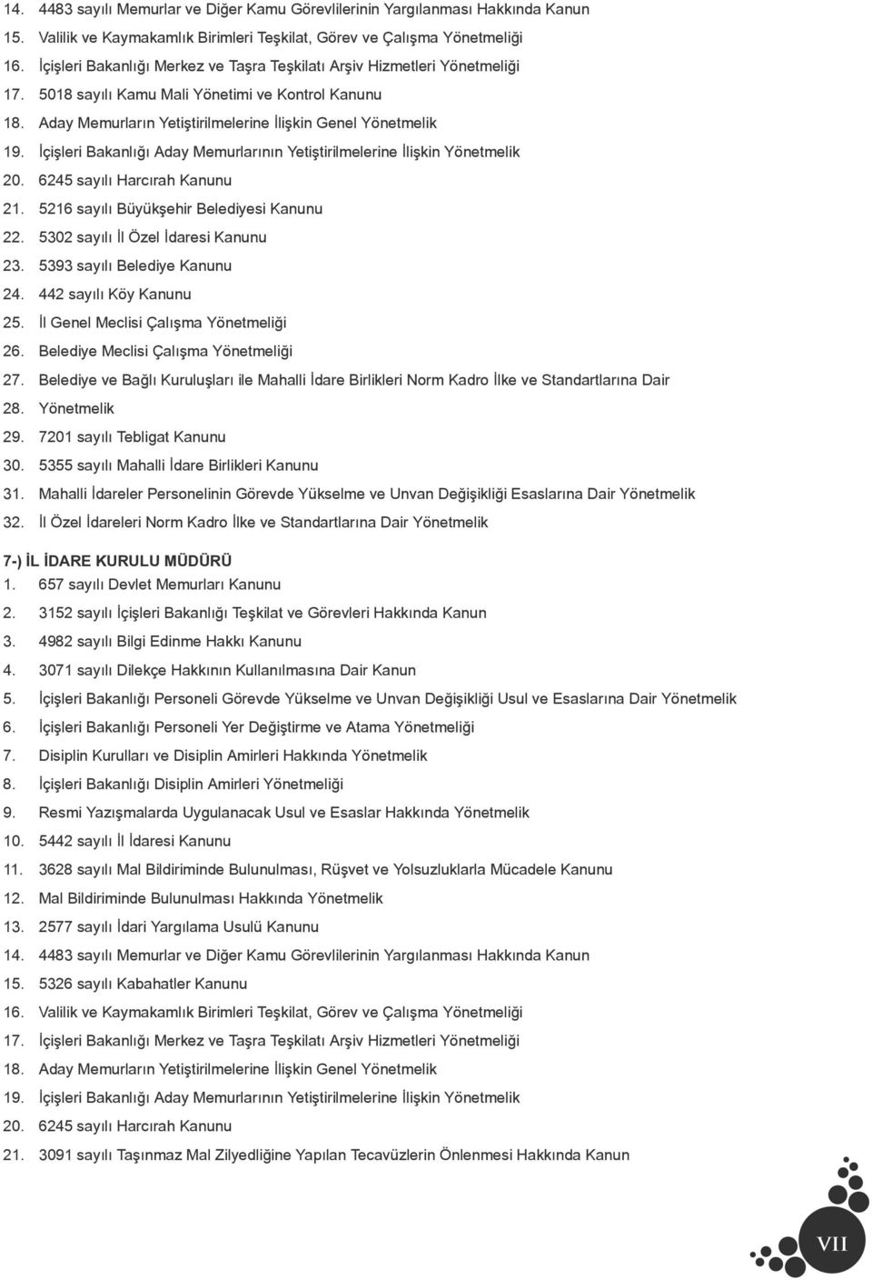 İçişleri Bakanlığı Aday Memurlarının Yetiştirilmelerine İlişkin Yönetmelik 20. 6245 sayılı Harcırah Kanunu 21. 5216 sayılı Büyükşehir Belediyesi Kanunu 22. 5302 sayılı İl Özel İdaresi Kanunu 23.