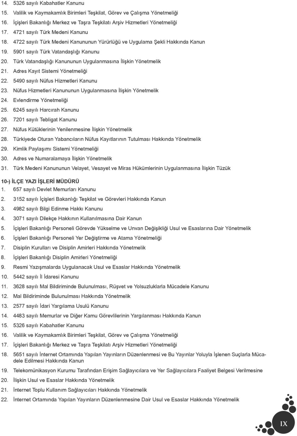 Türk Vatandaşlığı Kanununun Uygulanmasına İlişkin Yönetmelik 21. Adres Kayıt Sistemi Yönetmeliği 22. 5490 sayılı Nüfus Hizmetleri Kanunu 23.