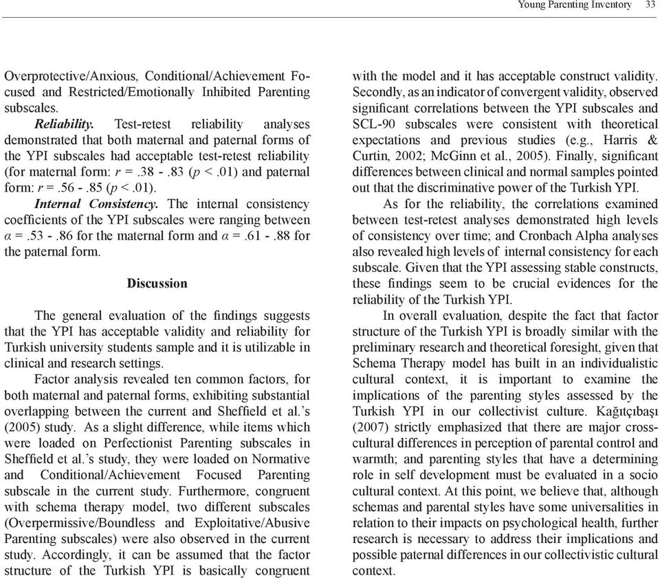 01) and paternal form: r =.56 -.85 (p <.01). Internal Consistency. The internal consistency coefficients of the YPI subscales were ranging between α =.53 -.86 for the maternal form and α =.61 -.